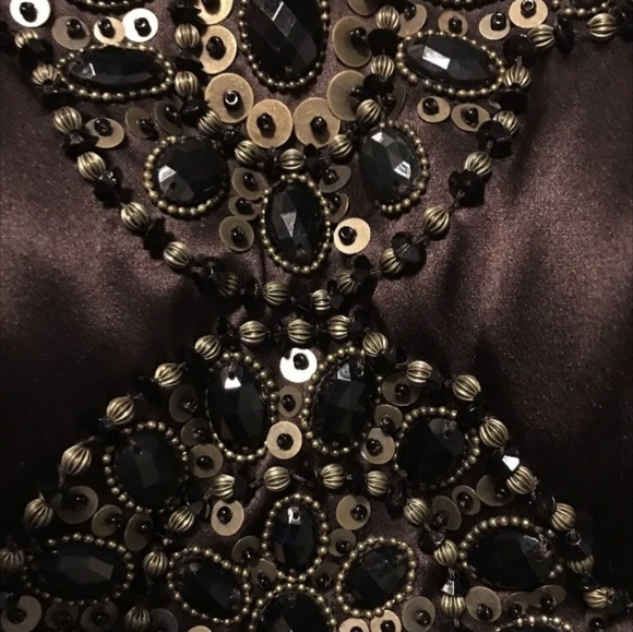 Sue Wong Brown Satin Beaded Slip Dress - Picture 6 of 10